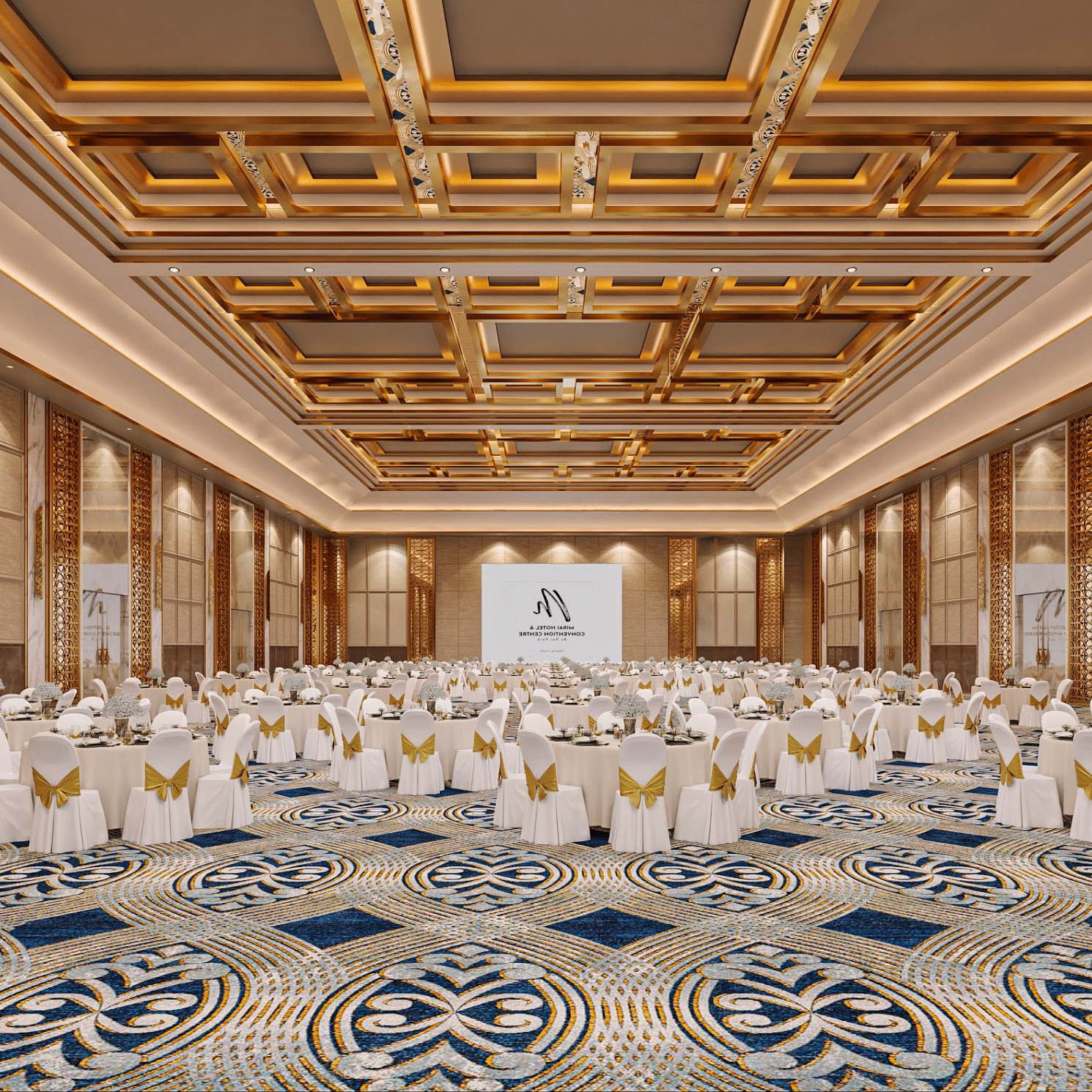 A wider view of a banquet arrangement with blue carpet, modern interiors and projector upfront