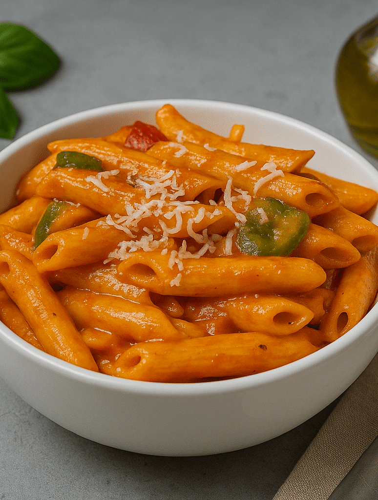 Bowl of penne pasta in red sauce with herbs, tomato, and olive oil bottle at Tisya Farms, Gurgaon.
