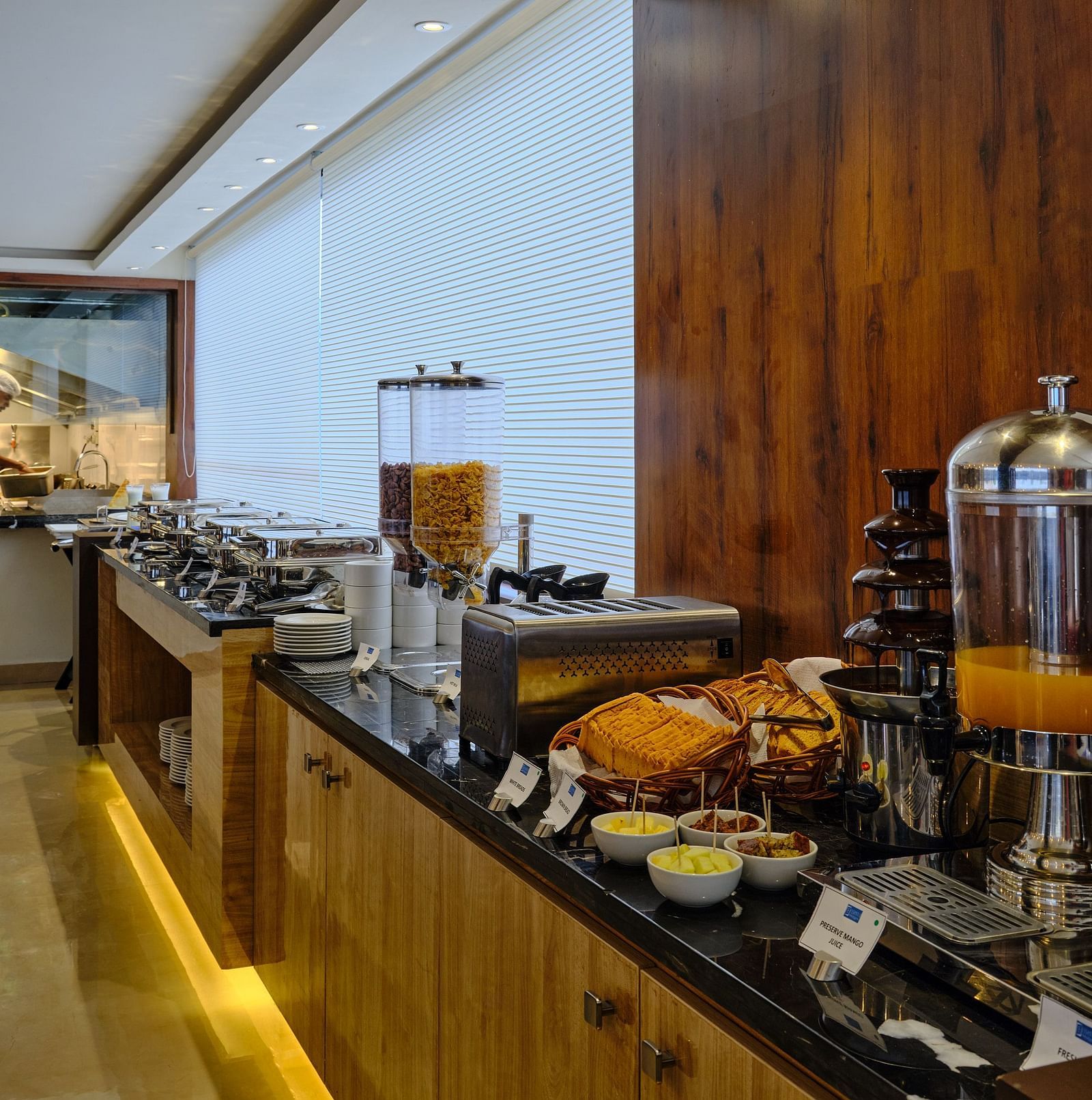 The buffet counter in a restaurant at Essentia Premier Hotel, Chennai