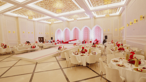 Corner view of an elegantly decorated banquet hall at La Maison, Doha, with round tables set for a formal event.