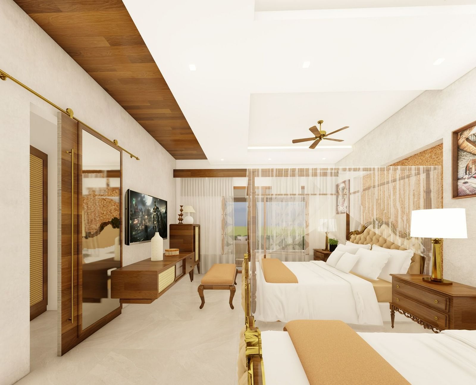 Interior showcasing two master beddings of Trishvam Suites, Trishvam Symphony, Krishnagiri