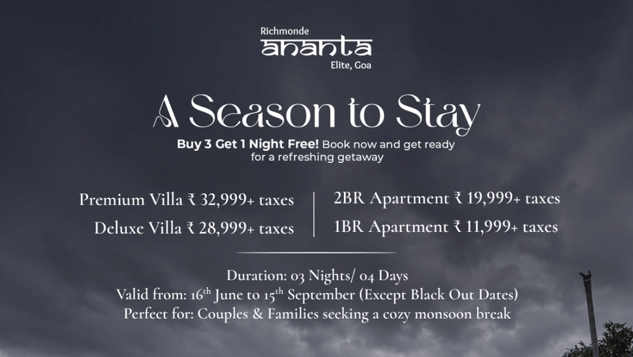 A premium white villa property with a beautiful curved swimming pool and lush green lawns under a cloudy sky, promoting a monsoon stay in Goa.
