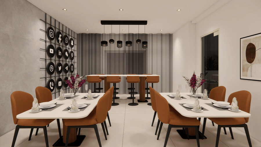 Dining tables with chairs and high counter seating at Kensho Bistro in Hotel Kyzen Shamshabad.