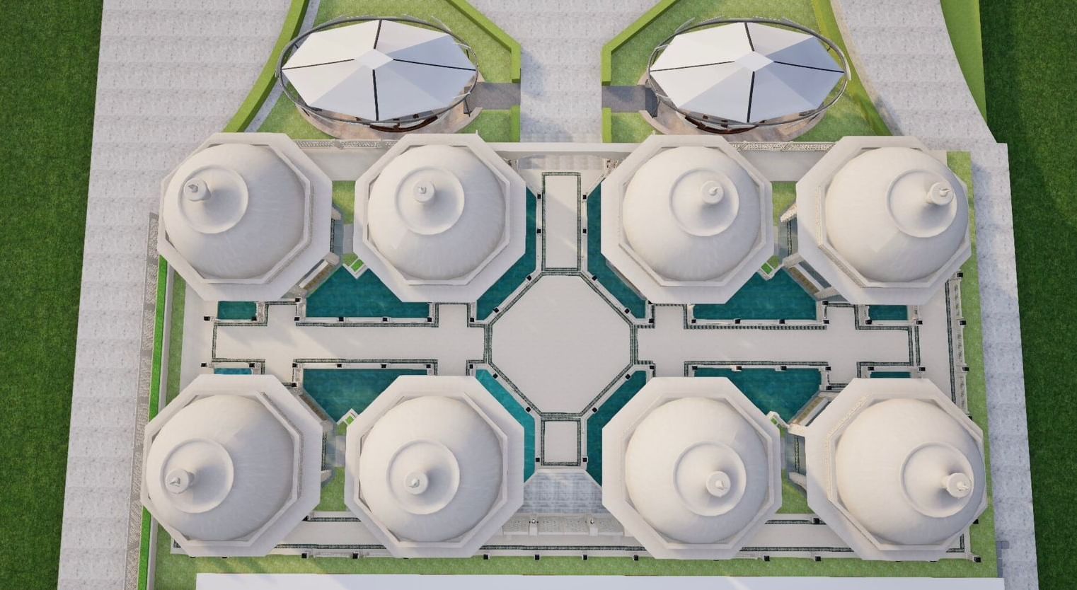 the top angle shot of Panch Mahal featuring eight domes, a central courtyards, and shallow pools of water - Kaldan Samudhra Palace