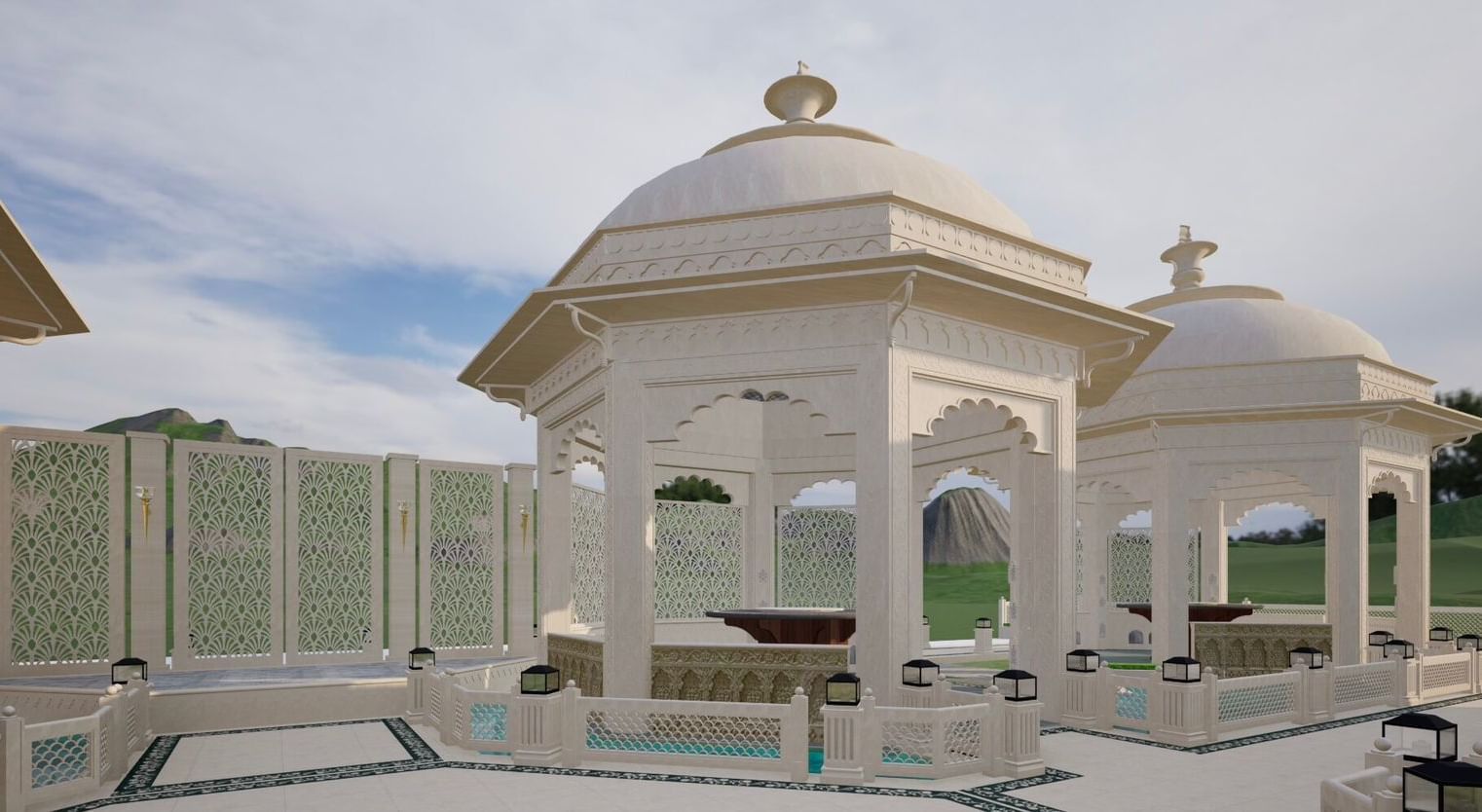 two gazebos of Panch Mahal placed next to each other, each featuring  a centre table, ornamental lattice screens, and dome roofs - Kaldan Samudhra Palace