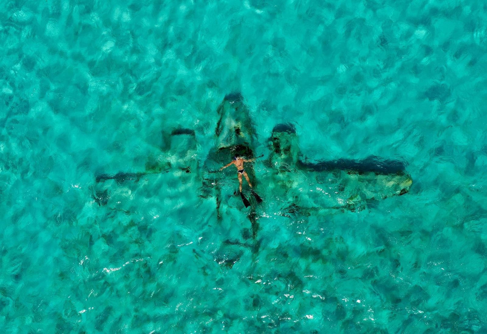 A person swimming in the shallow waters over a submerged airplane wreckage.