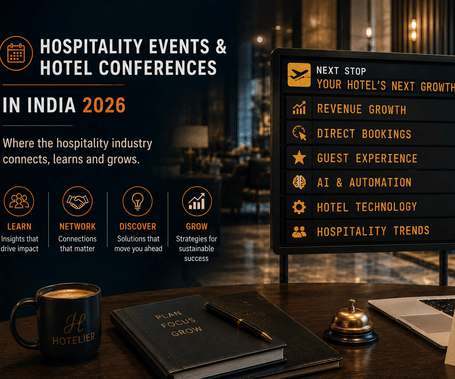 Promotional graphic for hospitality events and hotel conferences in India 2026 with industry themes and a hotel workspace setting - Simplotel