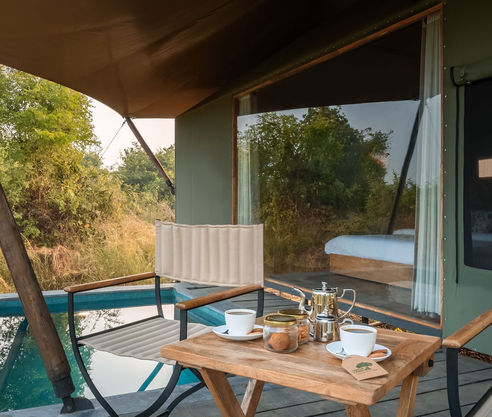 Dining setup in a tent at Trees N Tigers, Tadoba.