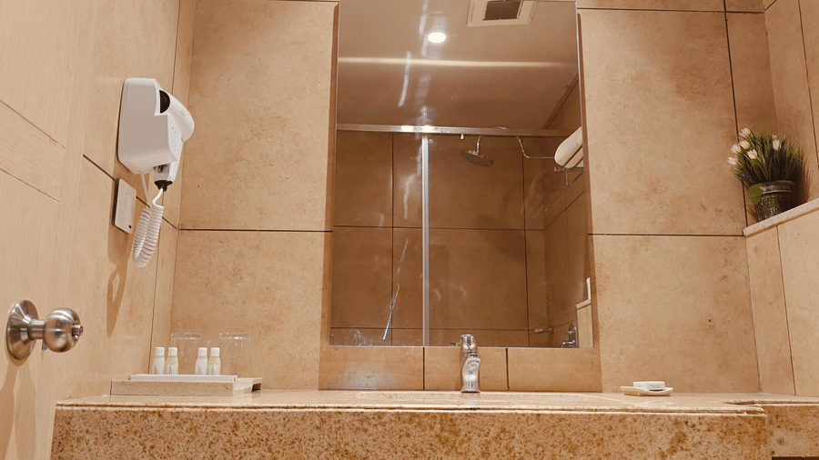 Bathroom shower area in the Business Class Room at Chola Dynasty, Kumbakonam featuring glass partitions, modern fittings, tiled walls, and a clean well-maintained bathing space for guests.