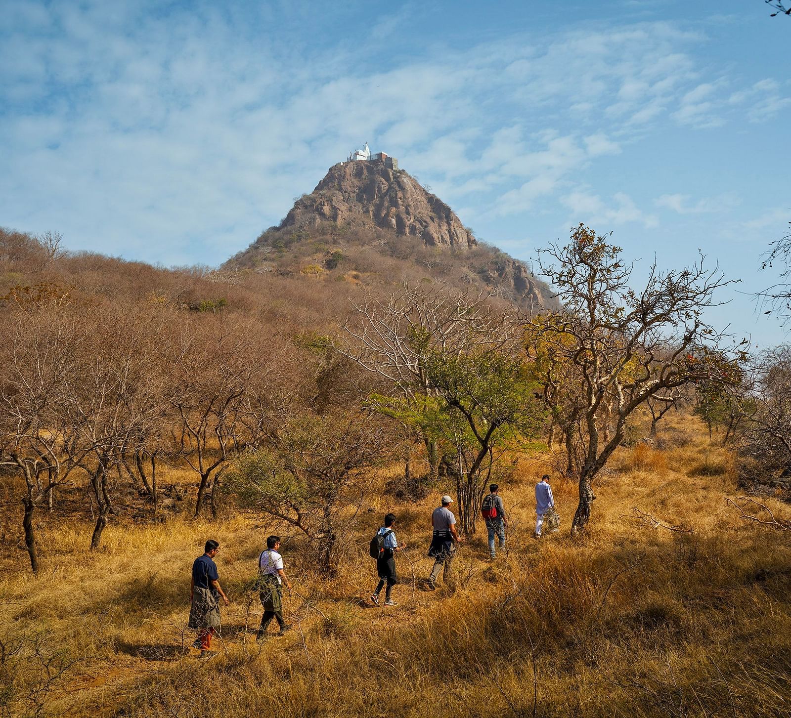 image of a a group of people walking in a trail through the dry lands of rajasthan featuring a mountain hill in the background