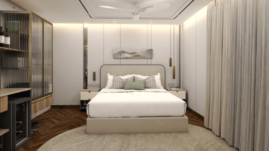 Studio bedroom with a plush bed with an artwork over the headboard and shelves on the side at Hablis Hotel Chennai, offering ideal family accommodation in Chennai
