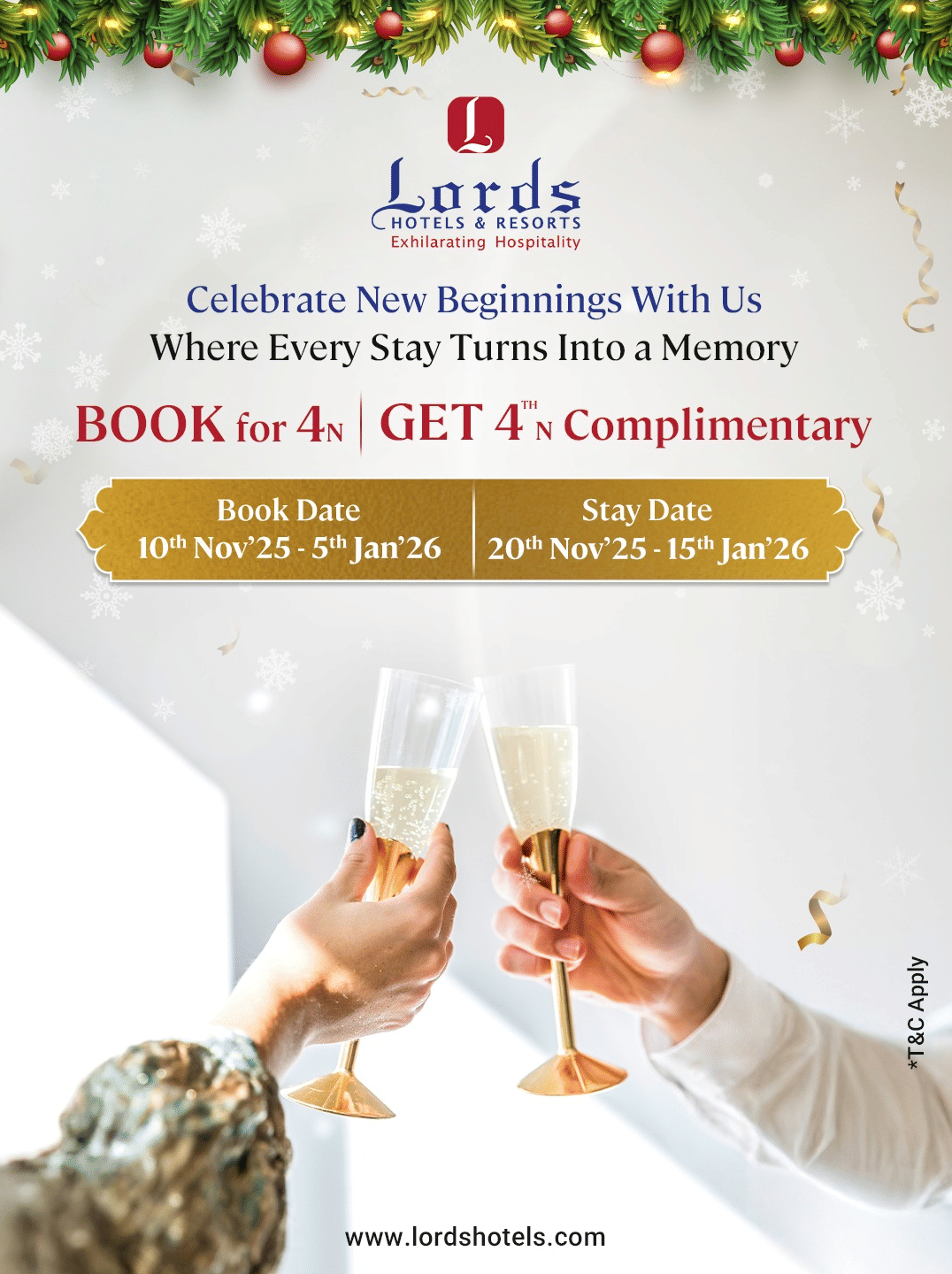 Festive Lords Hotels & Resorts banner showcasing a Book 4N, Get 4th Night Complimentary offer, with holiday decor and two hands toasting with champagne.
