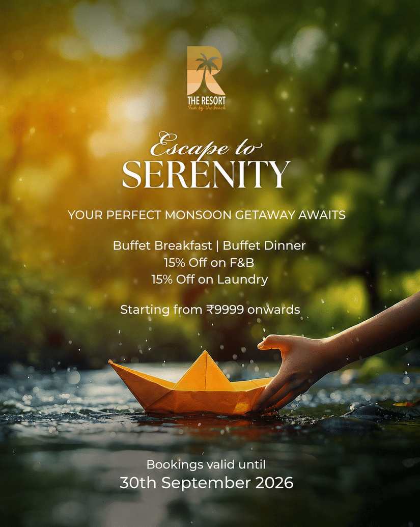 Monsoon package offer banner featuring a relaxing beachside stay with buffet meals, dining discounts, and laundry benefits starting at INR 9,999 onwards.