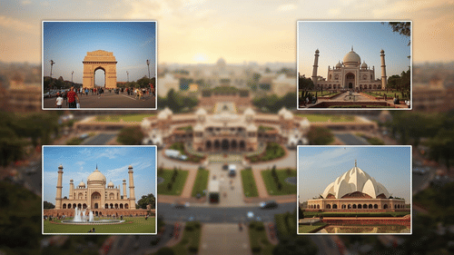 Collage of iconic Indian landmarks including Taj Mahal, India Gate, and other architectural attractions.