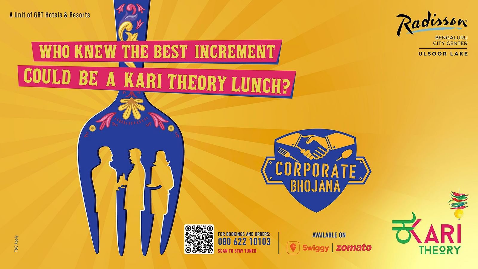 Promotional poster for Kari Theory's Corporate Bhojana lunch offer at Radisson Bengaluru City Center, featuring booking details and Swiggy/Zomato availability