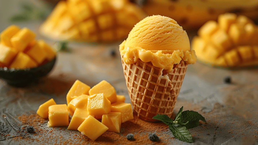 Fresh Kesar mangoes with a chilled mango ice cream at Jacaranda The Ummed Ahmedabad