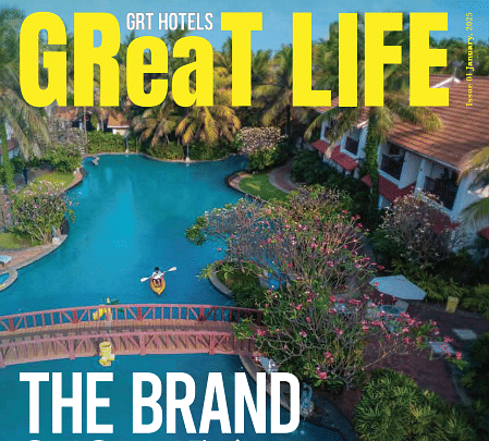 Cover of GReaT Life Magazine – Issue 1 showcasing a vibrant aerial view of a GRT Hotels property with the headline The Brand Story.