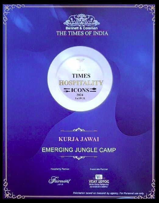 A certificate from The Times of India Icons 2024 recognizing Kurja Jawai as an Emerging Jungle Camp.