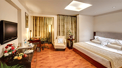 View of a Premium Room at Hotel Hindusthan International Select Bengaluru with a king bed, wall-mounted TV, armchair, skylight, and warm wooden flooring.