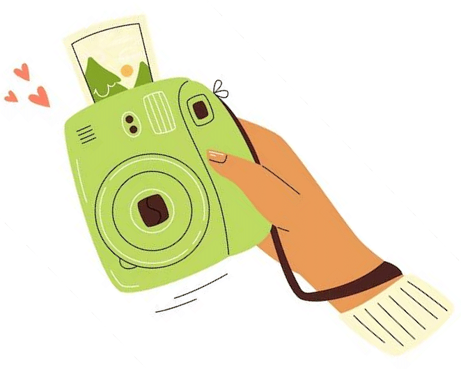 A hand holding a green instant camera, with hearts and money tucked inside, symbolising travel photography or capturing memories.