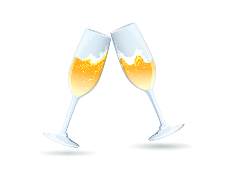 Two champagne glasses with golden liquid, tilted toward each other in a toast, representing celebration or festivity.