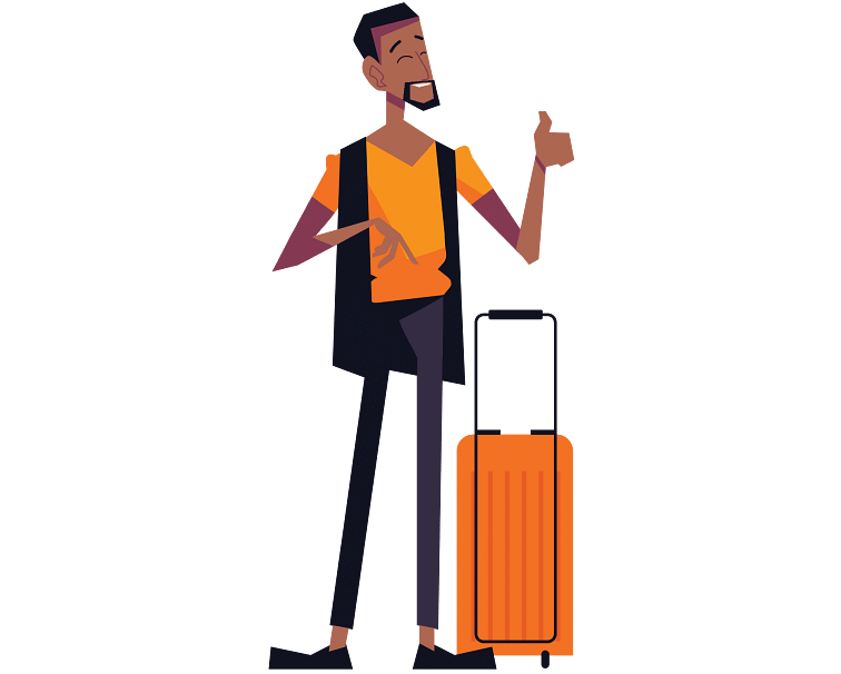  A traveller with a suitcase and a backpack, pointing ahead with enthusiasm.