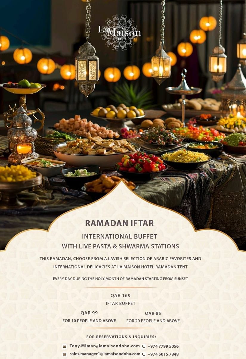 A creative image of Ramadan Iftar Offer which includes international buffet, live pasta and shwarma stations at La Maison Hotel, Doha