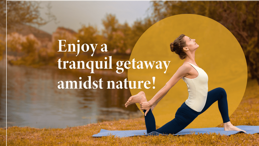 Labor Day Web Banner at YO1 Longevity and Health Resorts featuring a woman stretching by the lake on a yoga mat