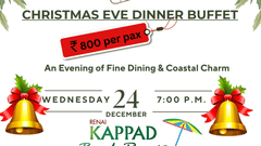 Promotional banner for Kappad Beach Resort's Christmas Eve Dinner Buffet on December 24th at 7:00 PM, featuring a traditional holiday border and festive details.