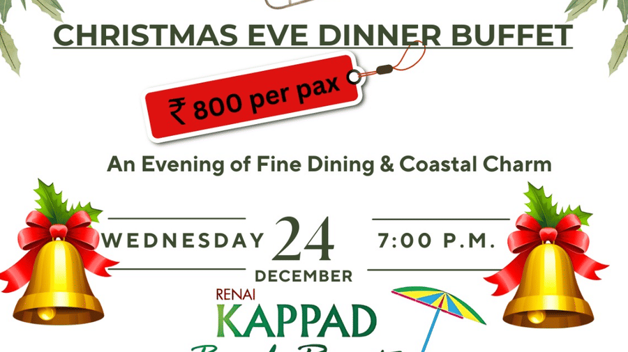 Promotional banner for Kappad Beach Resort's Christmas Eve Dinner Buffet on December 24th at 7:00 PM, featuring a traditional holiday border and festive details.
