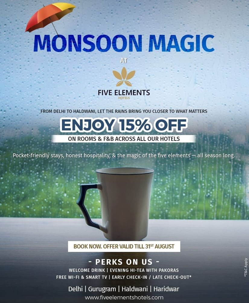 Discover Monsoon Magic at Five Elements Hotels with cozy stays, seasonal delights, and exclusive rainy-day perks.