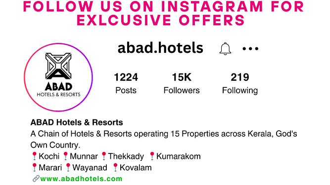 Instagram promotional banner for ABAD Hotels & Resorts encouraging users to follow their official Instagram page for updates and offers