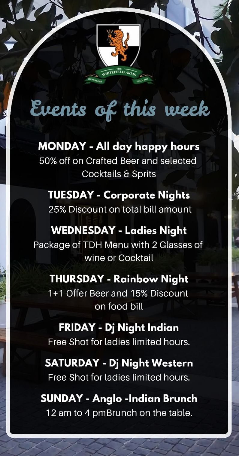Weekly event schedule at The Waverly – includes All Day Happy Hours, Corporate Nights, Indian Nights, Barbecue Night, DJ Night, Karaoke, and Anglo-Indian Brunch.
