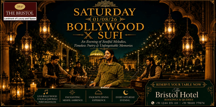A promotional graphic displaying the name The Bristol Hotel, Gurgaon in elegant cursive script text on a light textured background.