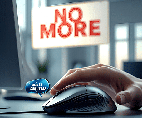 An enlarged mouse used by someone with a banner on the background saying 'No More'