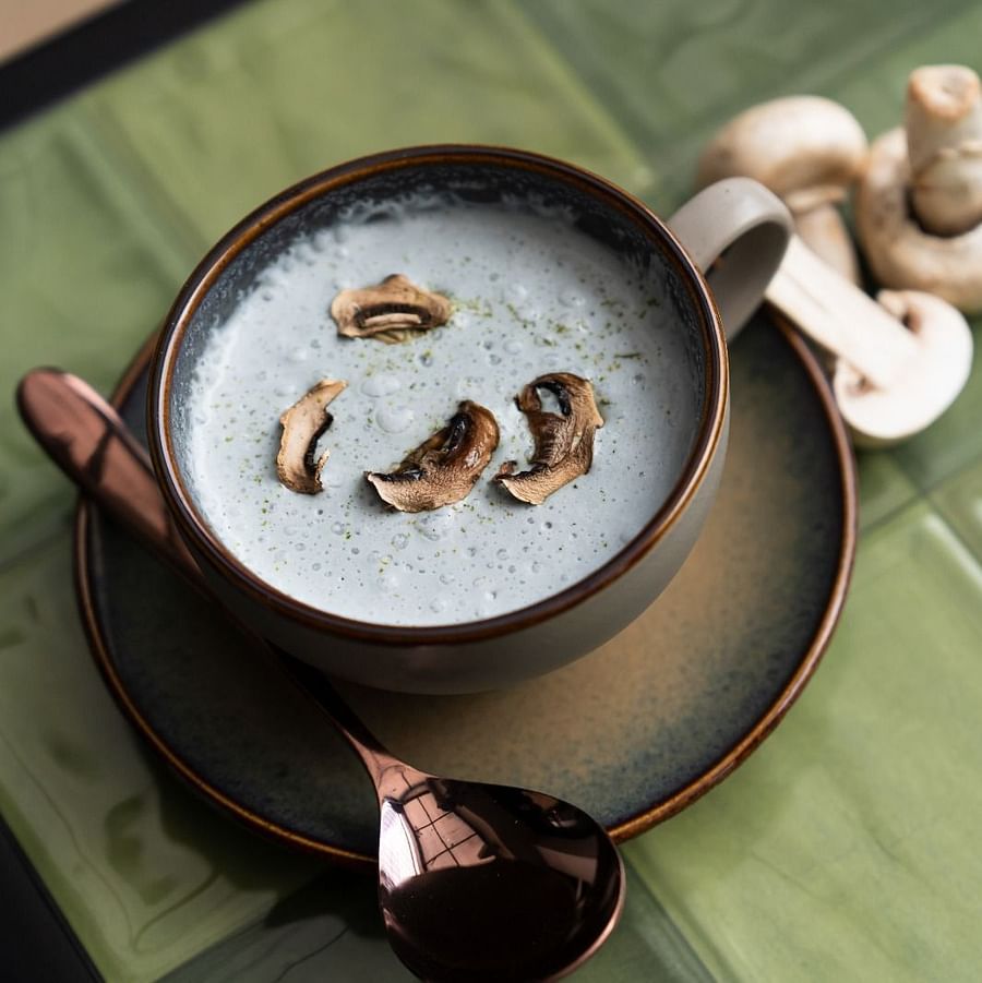alt-text An image of a cup placed on a plate filled with soup and a few sliced mushrooms, with raw mushrooms placed beside the plate.