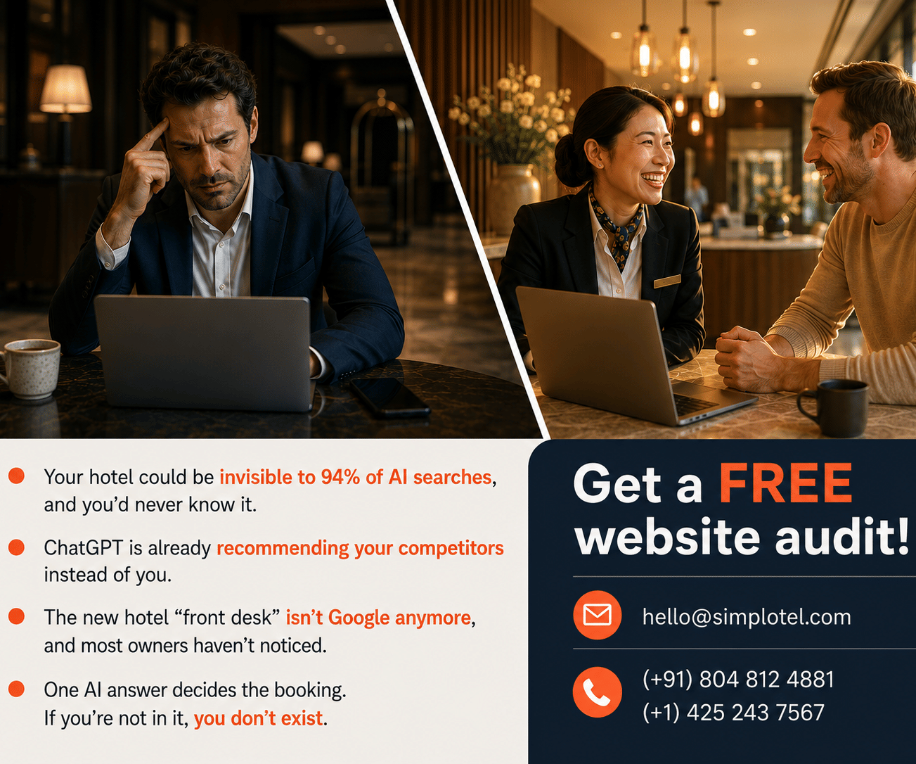 Simplotel promotional graphic contrasting a frowning man at a laptop with a smiling hotel staff member and guest, promoting a free website audit for hotels missing from AI search.