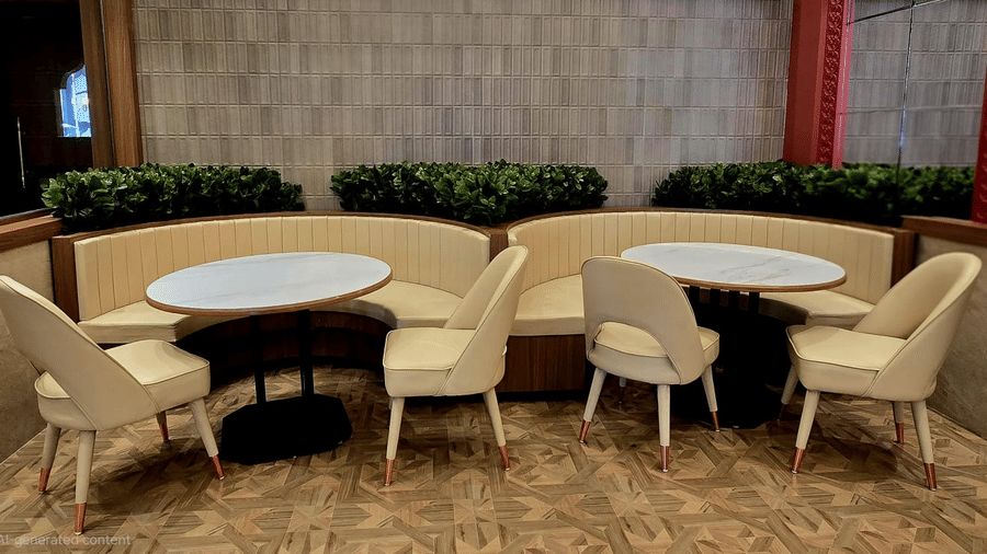 Cosy restaurant seating with round table and cushioned chairs at Hotel Mumbai House, Digha, Airoli.