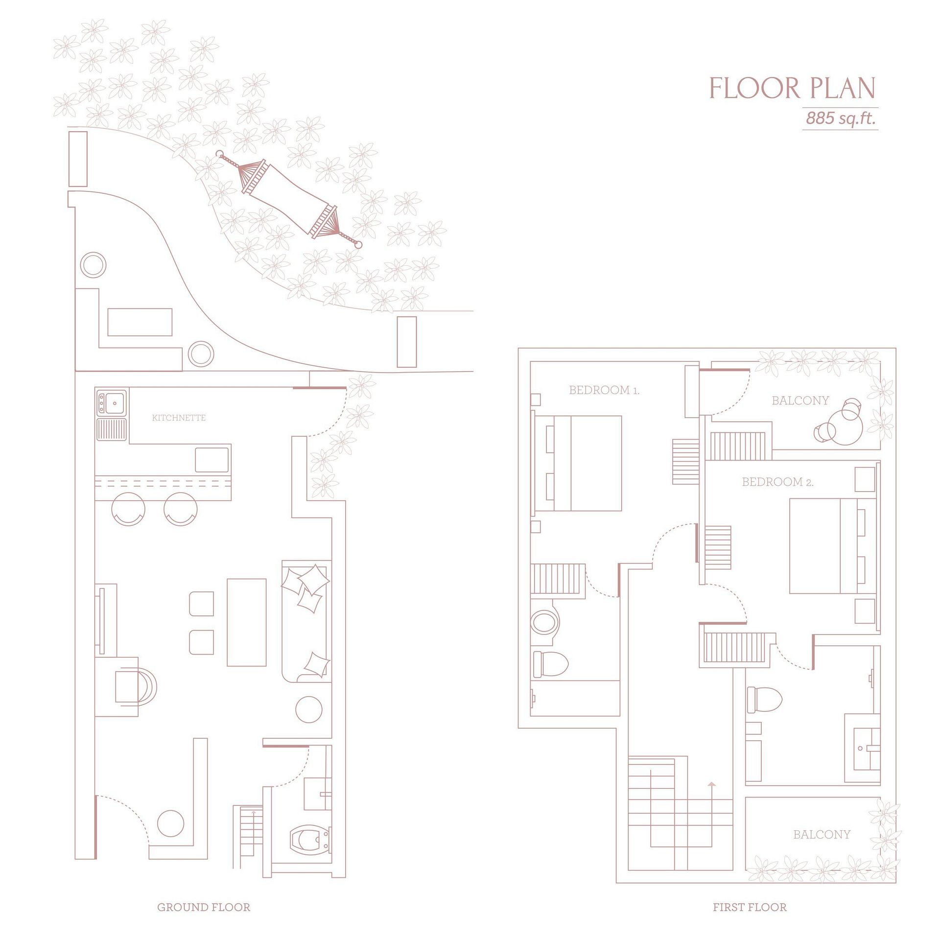 Architectural floor plans displaying room and furniture layouts for units at Karma Chalets.