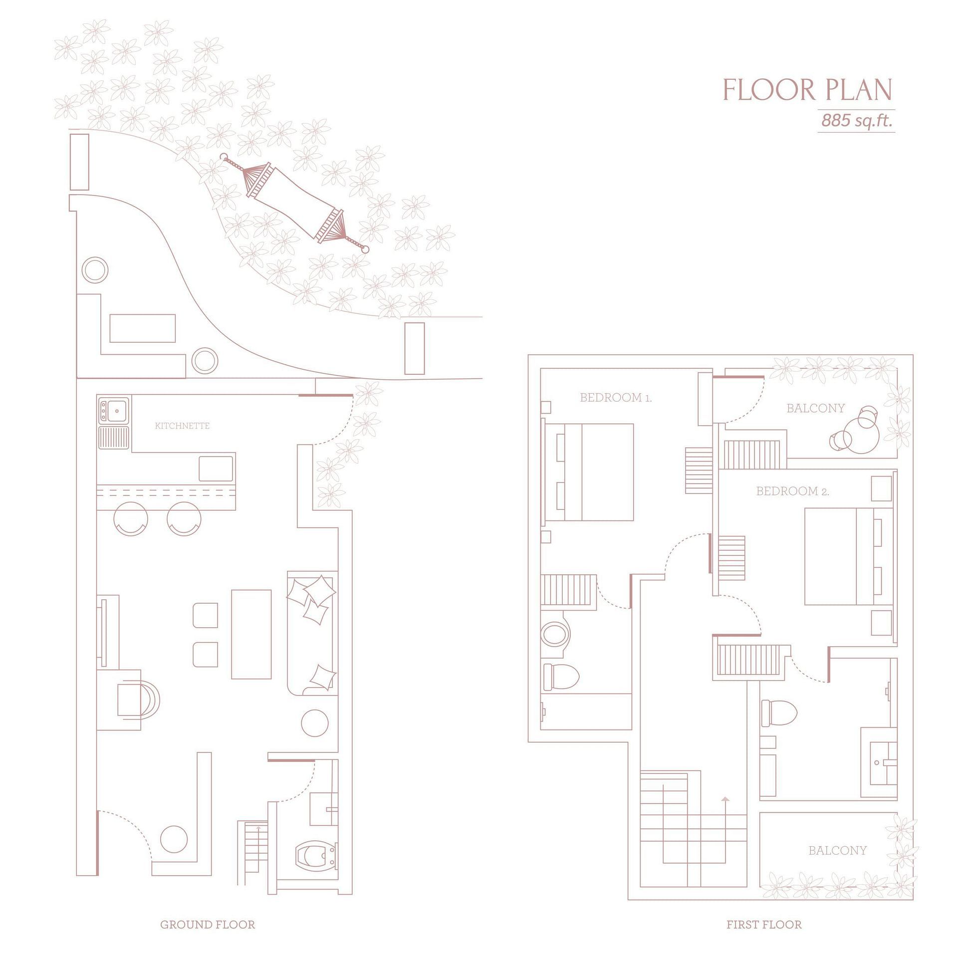 Architectural floor plans displaying room and furniture layouts for units at Karma Chalets.