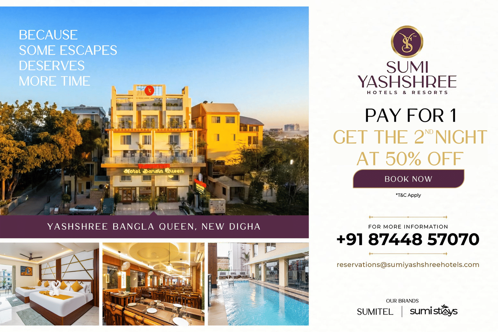 Enjoy an extended getaway at Yashshree Bangla Queen, New Digha, stay for 2 nights while paying for just 1, and make the most of your time in comfort and tranquillity.