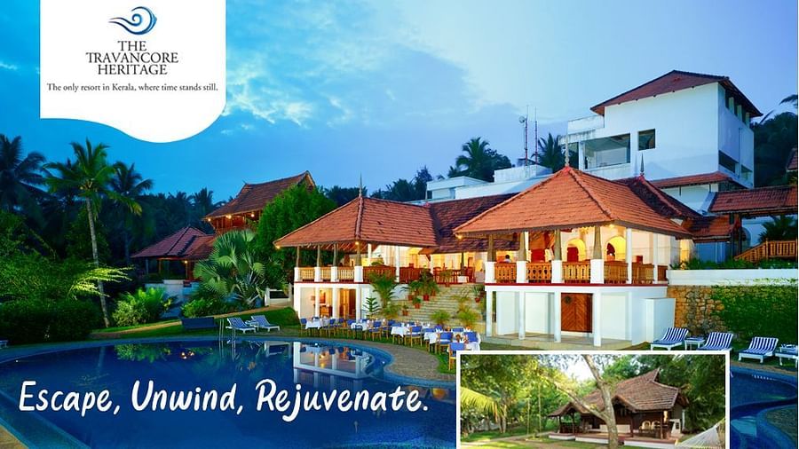 Day Package at The Travancore Heritage Beach Resort at Rs. 999* per person with extra GST featuring a facade of the property along with the recreational area, a woman chilling at the shore and swimming pool