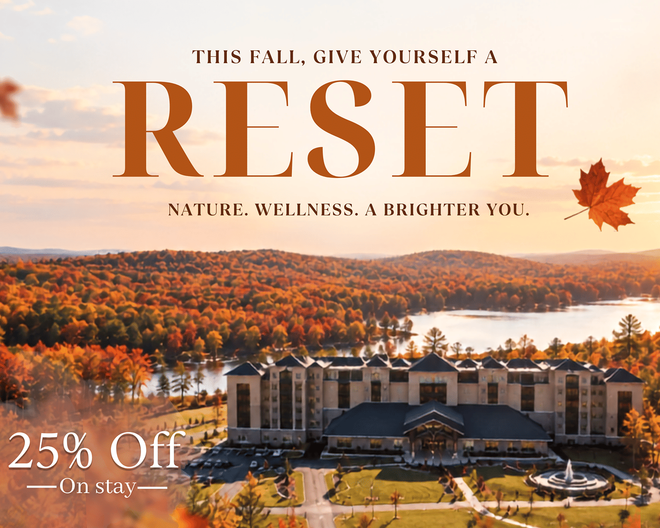 The Golden Getaway: Your Fall Retreat at YO1 Longevity & Health Resorts - aerial view of the resort surrounded by autumn foliage in the Catskills with a 25% off on stay offer