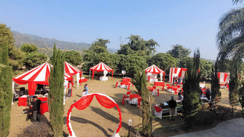  A garden setup including small tents at The Golden Tusk, Jim Corbett