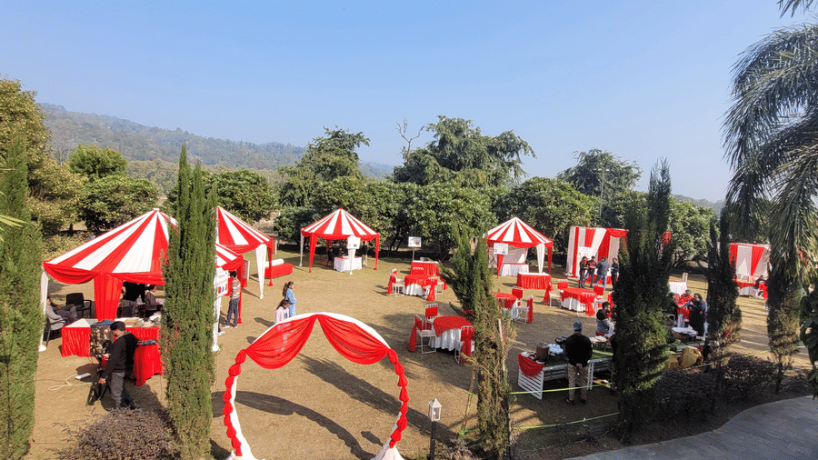  A garden setup including small tents at The Golden Tusk, Jim Corbett