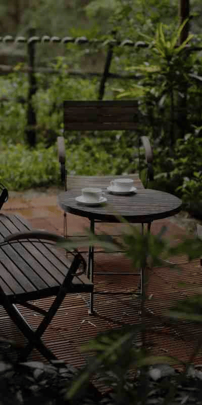 Wooden chairs and a table tucked among dense tropical greenery at Amanvana Spa Resort, Coorg.