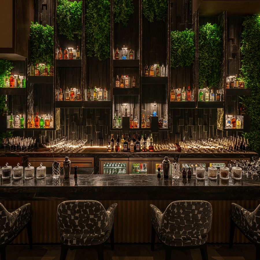 Eden bar with a well stocked shelf and hanging greenery above the counter at The Residency Signature Madurai.