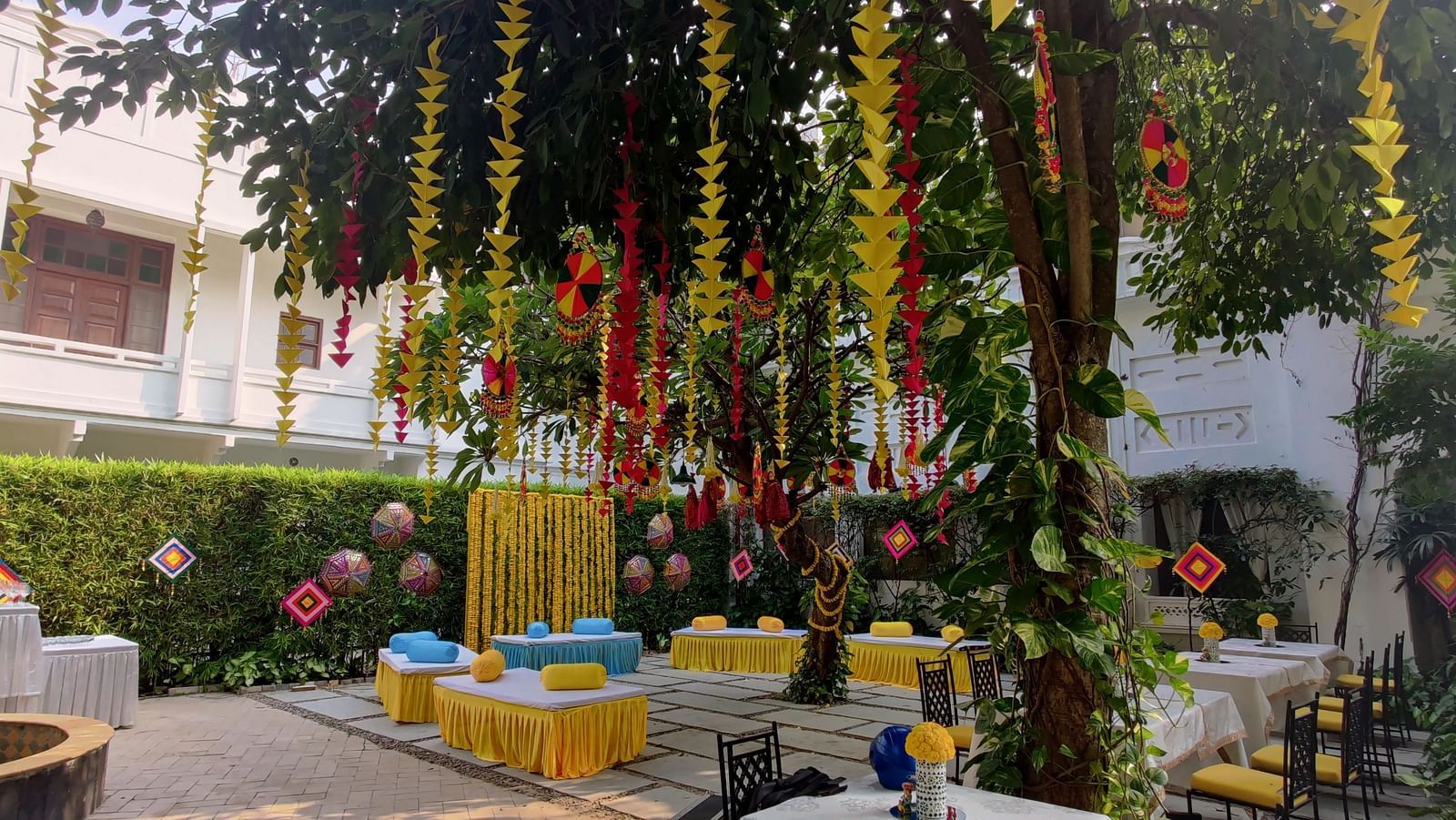 A wedding arrangement in the lawn area of Saraca Hotel, Lucknow