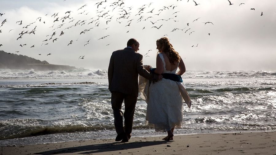 Newlyweds strolling on the beach as seagulls take flight around them