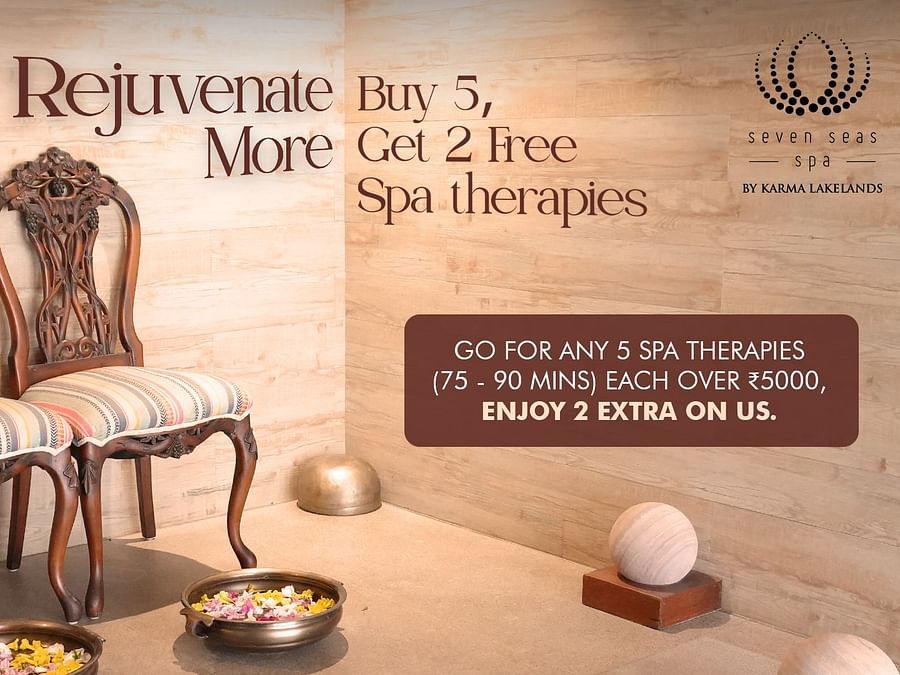 Rejuvenate More Spa Offer, This spa offer banner shows two ornate chairs and spa accessories. The promotion is: Buy 5 spa therapies each over INR5000, and enjoy 2 extra on us.
